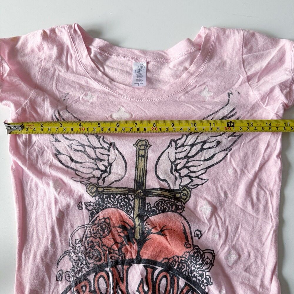 Women's Bon Jovi Baby Tee Shirt Top Pink Heart Dagger Wings Cross Pink Size S - Picture 6 of 16